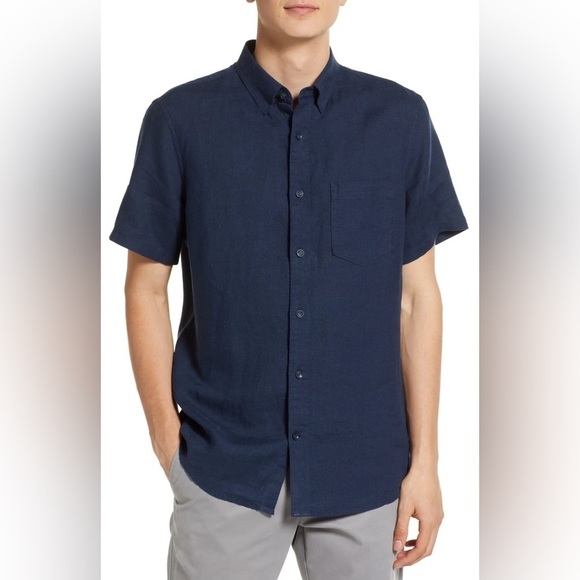 Pronto Uomo Navy 100% Linen Short Sleeve Modern Fit Sport Shirt, size L - Picture 1 of 11